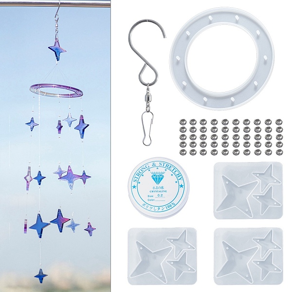 

PandaHall DIY Star Wind Chime Making Kits, including 4Pcs Silicone Molds, 44Pcs Brass Beads, 1Pc Stainless Steel S Hooks, 1 Roll Crystal..., White