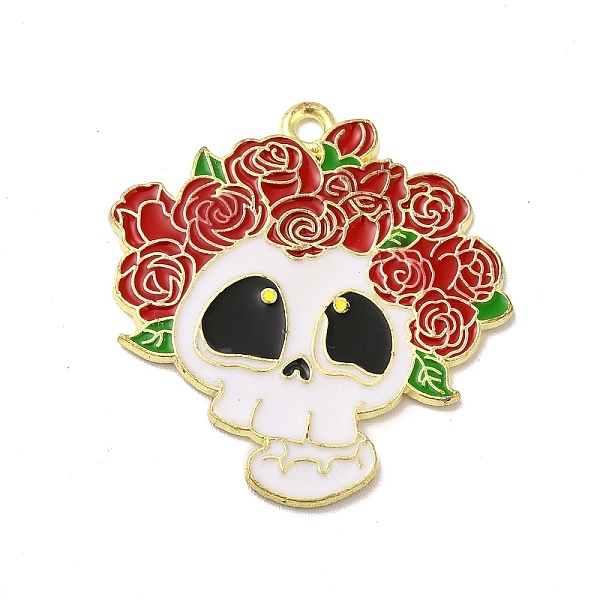 

PandaHall Halloween Alloy Enamel Pendants, Light Gold, Skull with Rose Charm, Red, 31x29x1.5mm, Hole: 2mm Alloy+Enamel Skull Red