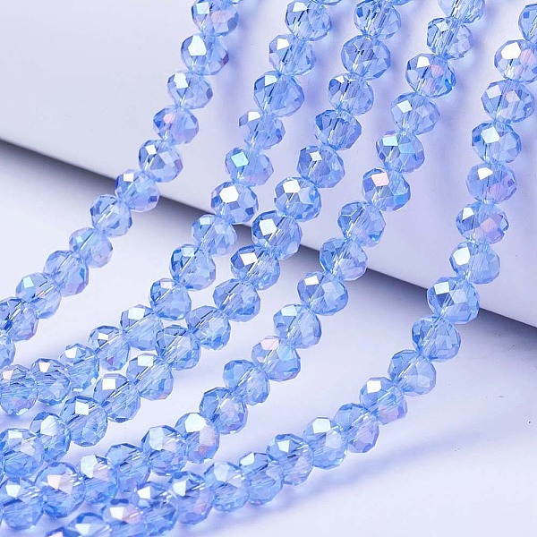 

PandaHall Electroplate Glass Beads Strands, AB Color Plated, Faceted, Rondelle, Light Sky Blue, 3x2mm, Hole: 0.8mm, about 145~150pcs/strand...