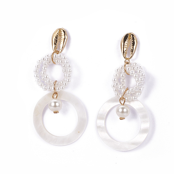 

PandaHall (Jewelry Parties Factory Sale)Shell Pearl Dangle Stud Earrings, with Plastic and Brass Findings, Flat Round, Golden, 83~85mm, Pin..., White