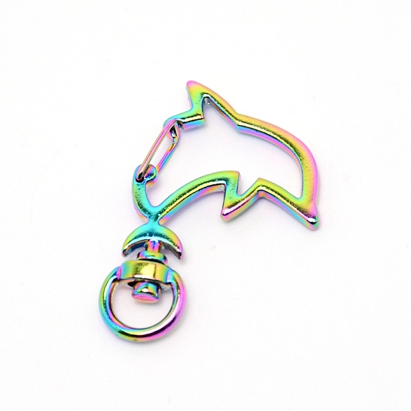 

PandaHall Zinc Alloy Swivel Lobster Clasps, Swivel Snap Hook, Dolphin, Rainbow Color, 39x28x5.5mm, Hole: 4x8.5mm Alloy