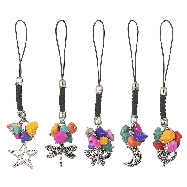 

PandaHall Tibetan Style Alloy Mobile Straps, Dyed Synthetic Turquoise Chips and Nylon Cord Mobile Accessories Decoration, Mixed Shapes...