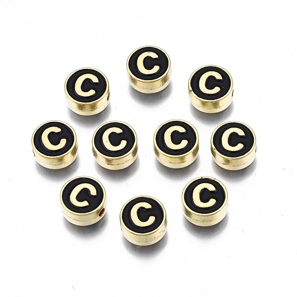 

PandaHall Alloy Enamel Beads, Cadmium Free & Lead Free, Light Gold, Flat Round with Alphabet, Black, Letter.C, 8x4mm, Hole: 1.5mm...