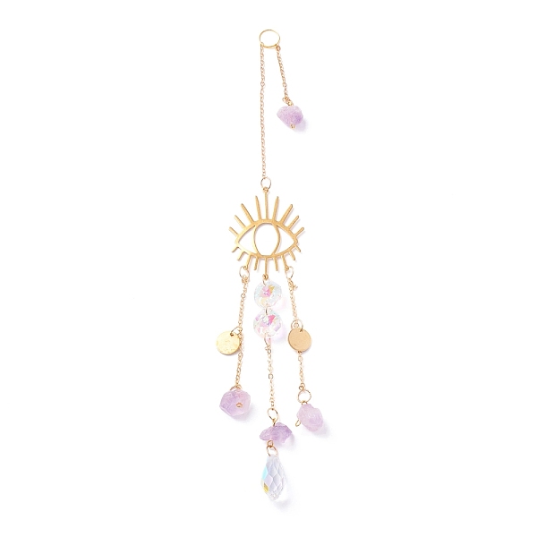 PandaHall Hanging Crystal Aurora Wind Chimes, with Prismatic Pendant, Eye-shaped Iron Link and Natural Amethyst, for Home Window Lighting...