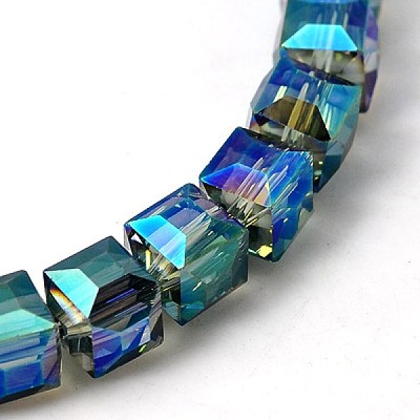 

PandaHall Electorplated Glass Beads, Rainbow Plated, Faceted, Cube, Medium Turquoise, 10~11x10~11x10~11mm, Hole: 1mm Glass Cube Cyan