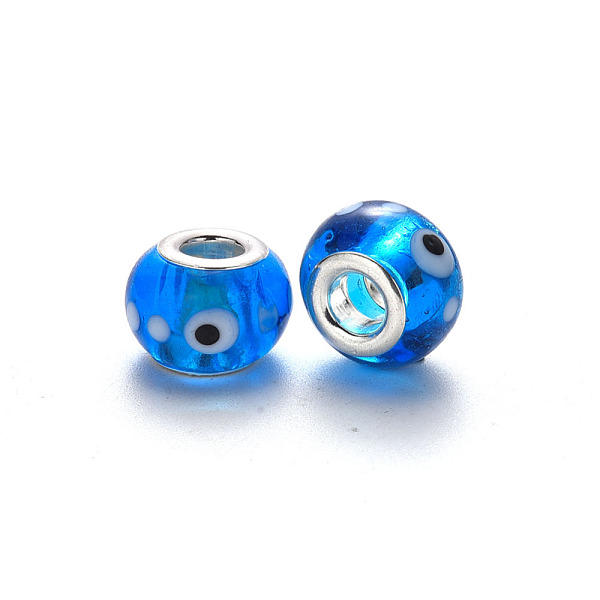 

PandaHall Handmade Lampwork European Beads, Large Hole Rondelle Beads, with Platinum Tone Brass Double Cores, Rondelle, Dodger Blue...