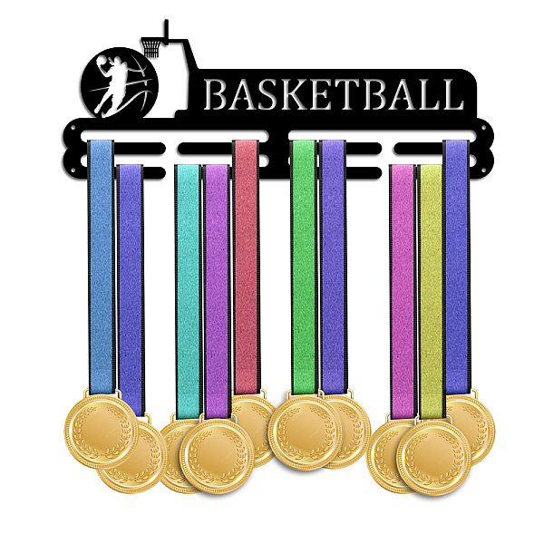 

PandaHall Fashion Iron Medal Hanger Holder Display Wall Rack, with Screws, Basketball Pattern, 150x400mm Iron Basketball