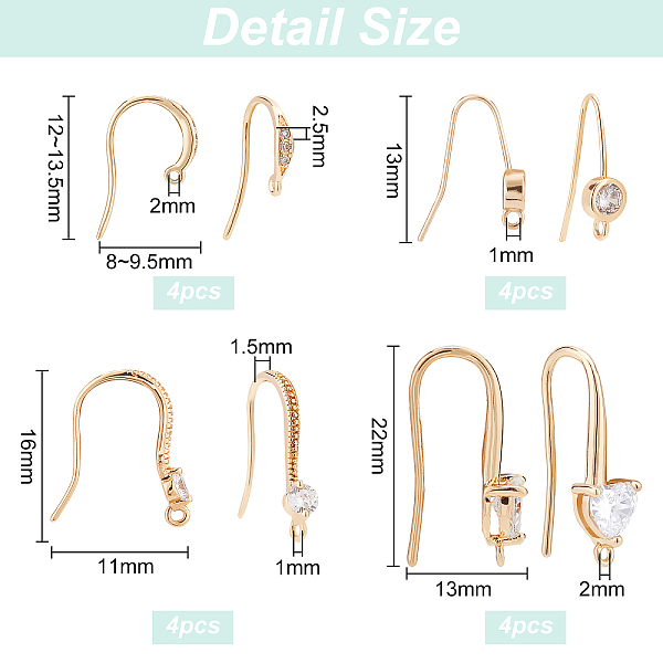 BENECREAT 16PCS 18K Gold Plated Cubic Zirconia Earring Hooks French Fish Hooks Ear Wires With Dangle Loops For DIY Jewelry Making Craft...