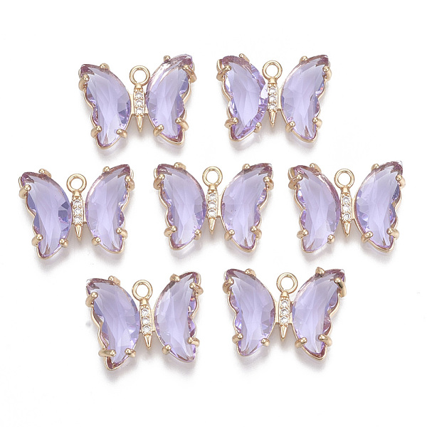 

PandaHall Glass Pendants, with Micro Pave Cubic Zirconia and Brass Open Back Settings, Faceted, Butterfly, Light Gold, Lilac, 15.5x20x4mm..., Purple