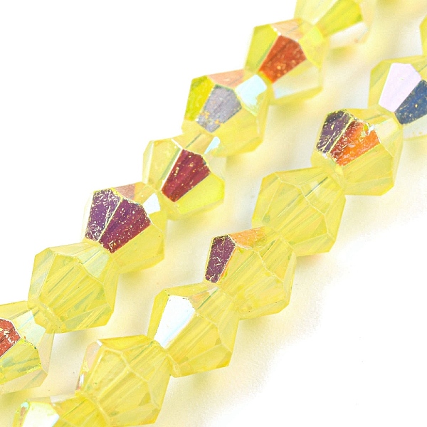 

PandaHall Baking Painted Transparent Glass Beads Strands, Half Electroplate, AB Color Plated, Faceted, Bicone, Yellow, 6x5.5mm, Hole: 1mm...