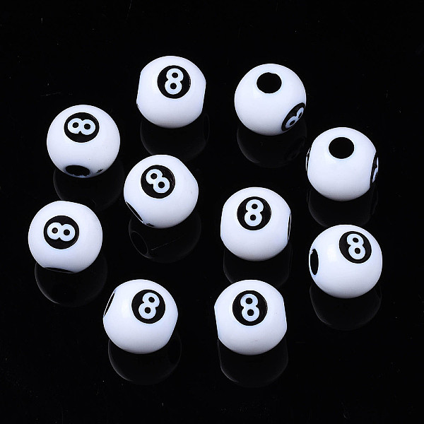 PandaHall Opaque Acrylic Beads, Round with Number 8, White, 11.5x10.5mm, Hole: 3.5mm Acrylic Round White