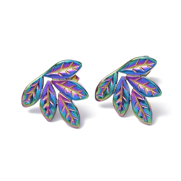 

PandaHall Ion Plating(IP) 304 Stainless Steel Leaf Stud Earrings for Women, Rainbow Color, 14x16mm, Pin: 0.7mm 304 Stainless Steel Leaf