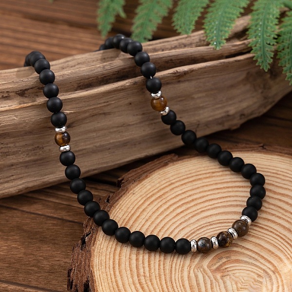 Colliers pour hommes composés de perles rondes en œil de tigre naturel de 6 mm et en pierre noire givrée