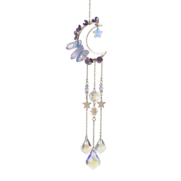 

PandaHall Moon Natural Amethyst & Electroplated Natural Quartz Crystal Pendants Decorations, with Brass Finding and Glass Leaf Charm, for...