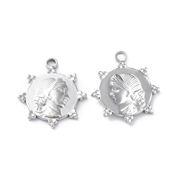

PandaHall 304 Stainless Steel Pendants, Sun with Human Head Charm, Stainless Steel Color, 23x20x2.5mm, Hole: 2mm 304 Stainless Steel Sun