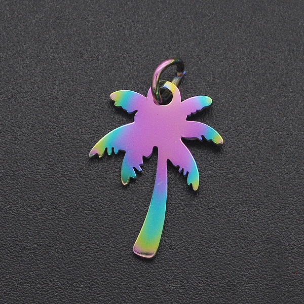 

PandaHall Ion Plating(IP) 201 Stainless Steel Pendants, with Jump Ring, Coconut Tree, Laser Cut, Rainbow Color, 18x13x1mm, Hole: 3mm 201...