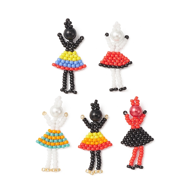 

PandaHall Handmade Seed Beads, Loom Pattern, with Plastic Beads, Girl Pendant, Mixed Color, 34x16x6mm, Hole: 2mm, 5pcs/set Glass Human..., Multicolor
