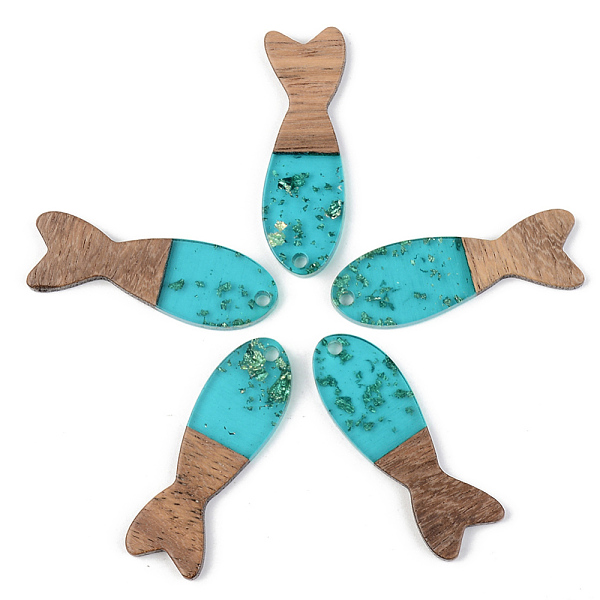 

PandaHall Transparent Resin & Walnut Wood Pendants, with Gold Foil, Fish, Dark Turquoise, 37.5x12x3mm, Hole: 2mm Resin+Wood Fish Cyan