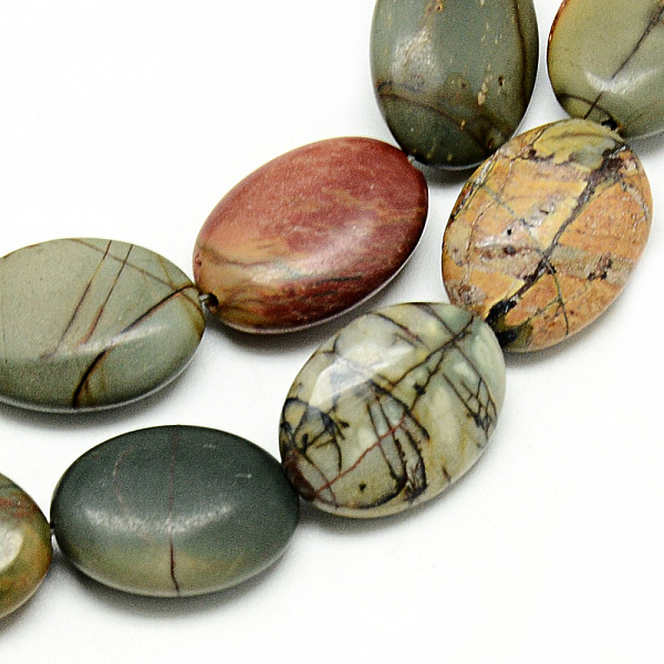 

PandaHall Natural Polychrome Jasper/Picasso Stone/Picasso Jasper Beads Strands, Oval, 18x13x6mm, Hole: 1~2mm, about 22pcs/strand, 15.7 inch...