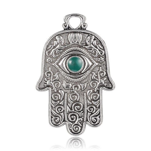 

PandaHall Antique Silver Plated Alloy Enamel Hamsa Hand/Hand of Fatima/Hand of Miriam with Eye Pendants, Teal, 47x31x3mm, Hole: 4.5mm..., Cyan