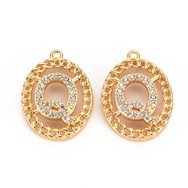 

PandaHall Brass Micro Pave Clear Cubic Zirconia Pendants, Nickel Free, Real 18K Gold Plated, Oval with Word, Letter.Q, 17x13x3mm, Hole: 1mm...