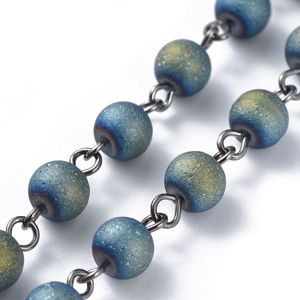 

PandaHall Handmade Electroplated Glass Beaded Chains, with Iron Eye Pin, Round, Unwelded, Platinum, Green, 39.37 inch(100cm), Link: 13x6x6mm...