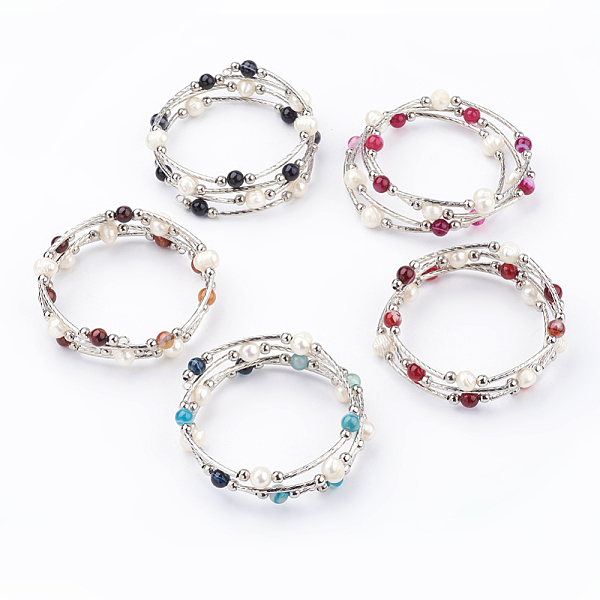 

PandaHall 4-Loops Natural Striped Agate/Banded Agate(Dyed) Wrap Bracelets, with Natural Freshwater Pearl and Iron Spacer Beads, Mixed Color..., Multicolor