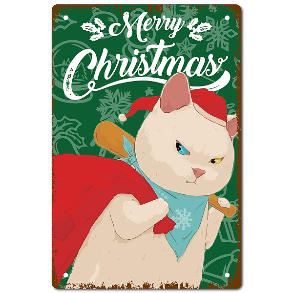 PandaHall CREATCABIN Merry Christmas Cat Tin Sign Cute Cat Funny Animals Cat Artwork Family Poster Wall Decorations Art Decor Gift Vintage...