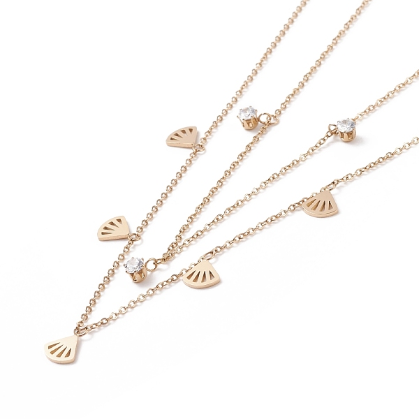 

PandaHall Double Chains Multi Layered Necklaces with Clear Cubic Zirconia and Fan Charms, Ion Plating(IP) 304 Stainless Steel Jewelry for...