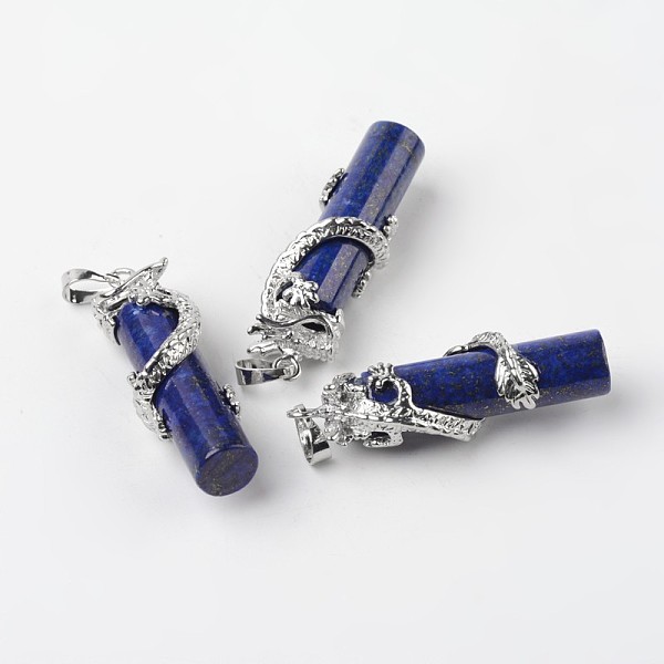 

PandaHall Tube Natural Lapis Lazuli Pendants, with Dragon Brass Findings, Platinum, 48x15x10mm, Hole: 7x5mm Lapis Lazuli Tube