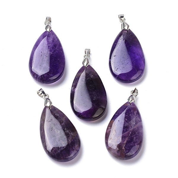 

PandaHall Natural Amethyst Pendants, with Brass Finding, Teardrop, 35x20x7.5~9mm, Hole: 4x3.5mm Amethyst Teardrop