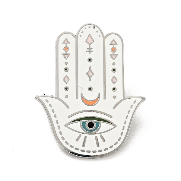 

PandaHall Hamsa Hand with Evil Eye Enamel Pin, Platinum Plated Alloy Badge for Backpack Clothes, White, 35x28x1.5mm Alloy+Enamel Eye White