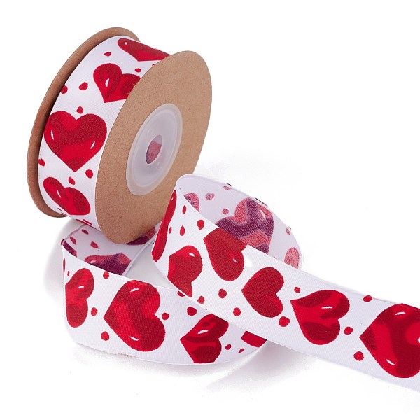 PandaHall Single Face Polyester Heart Printed Satin Ribbon, Wired Ribbon, for Valentine's Day Gift Packaging, Red, 1 inch(25mm), about 5.46...
