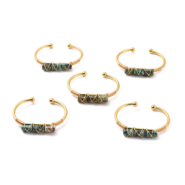 

PandaHall Natural African Turquoise(Jasper) Triple Column Beaded Open Cuff Bangle, Wire Wrape Brass Jewelry for Women, Golden, Inner...