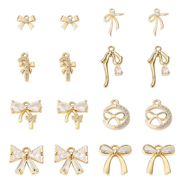 16Pcs 8 Styles Brass Micro Pave Clear Cubic Zirconia Pendants
