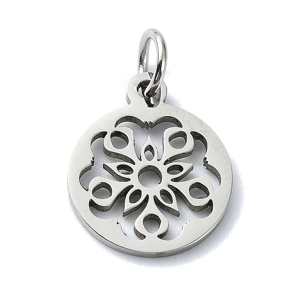 

PandaHall 304 Stainless Steel Charms, with Jump Ring, Laser Cut, Flat Round with Flower Charms, Stainless Steel Color, 14x12x1mm, Hole: 3mm...