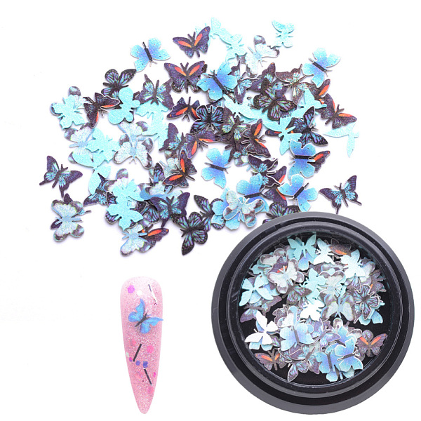 

PandaHall Paper Cabochons, Nail Art Decorations, Lifelike Butterfly, Sky Blue, 4~8x5~10x0.1mm, about 100pcs/box Paper Butterfly Blue