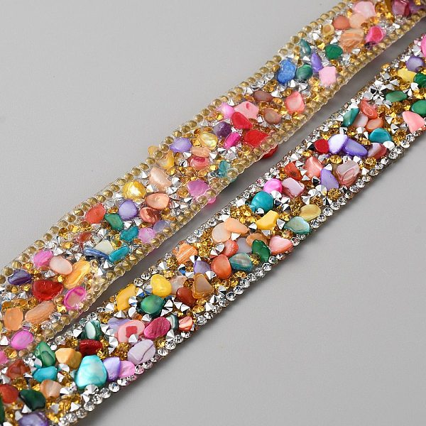 

PandaHall Hotfix Rhinestone Tape, with Stone Chip, for Costume Accessories, Belt Decoration, Colorful, 20x4~5mm, about 50cm/pc Resin...