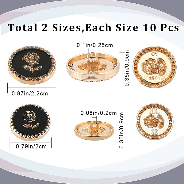 

PandaHall Gorgecraft 20Pcs 2 Style Alloy Enamel Buttons, 1-Hole, Flat Round with Rose Pattern, Black, 20x9mm, Hole: 2~2.5mm, 10pcs/style...