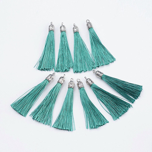 

PandaHall Nylon Tassels Big Pendant Decorations, with Antique Silver Alloy Findings, Turquoise, 55~67x7mm, Hole: 2mm Nylon Green