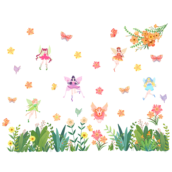 PandaHall SUPERDANT Flower Fairy Wall Decals Colorful Floral Butterfly Wall Stickers Green Grass Peel and Stick Wall Mural Animal Removable...