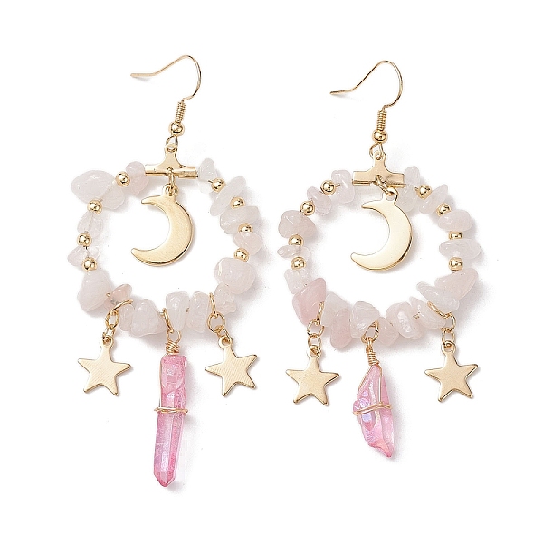 

PandaHall Natural Rose Quartz Chip & Dyed Quartz Crystal Beaded Ring Dangle Earrings, Copper Wire Long Drop Earrings, 74~78x35~38mm Rose...