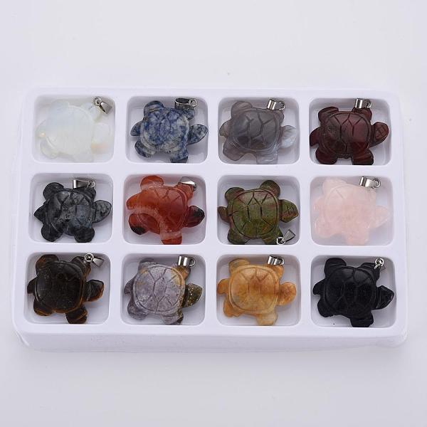 

PandaHall Gemstone Pendants, with Brass Clasps, Mixed Style, Tortoise, Platinum, Mixed Stone, 43x36x11mm, Hole: 11x4mm, 12pcs/box Mixed..., Multicolor