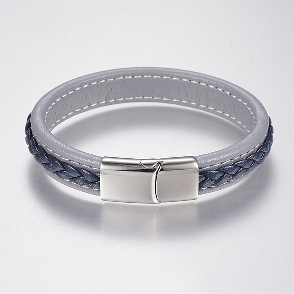 

PandaHall Braided Leather Cord Bracelets, with 304 Stainless Steel Magnetic Clasps, Light Steel Blue, 8-5/8 inch(220mm), 29x14x8mm Leather...