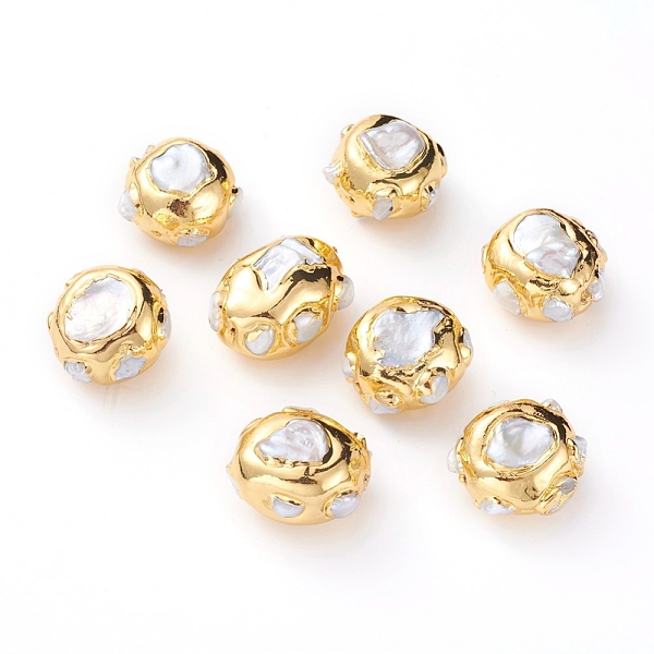 

PandaHall Natural Baroque Pearl Cultured Freshwater Pearl Beads, Covered with Brass, Golden, 15~19x21~32mm, Hole: 1.2mm Pearl Flat Round