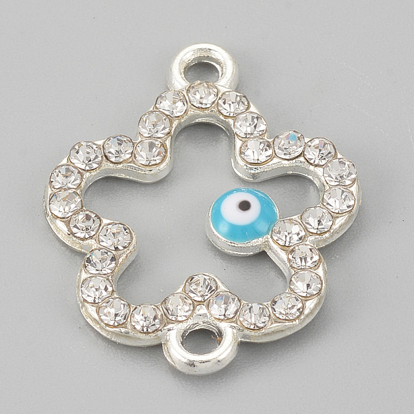

PandaHall Alloy Rhinestone Links Connectors, Cadmium Free & Lead Free, Flower with Evil Eye, Sky Blue, Silver Color Plated, 21.5x17x2mm..., Clear