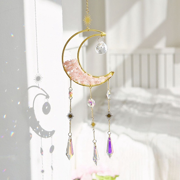 

PandaHall Natural Rose Quartz Wrapped Moon Hanging Ornaments, Teardrop Glass Tassel Suncatchers for Home Outdoor Decoration, 450mm Rose...