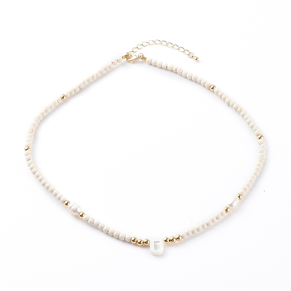 

PandaHall Natural Shell Initial Pendant Necklaces, with Synthetic Turquoise Beads and Natural Pearl Beads, Letter U, Golden, White, 17.12...