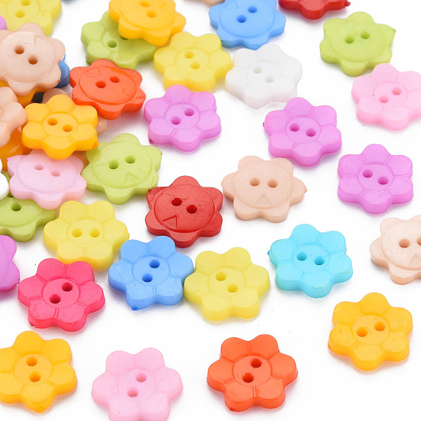 PandaHall 2-Hole Plastic Buttons, Flower, Mixed Color, 15x14x3mm, Hole: 1.6mm Plastic Flower Multicolor