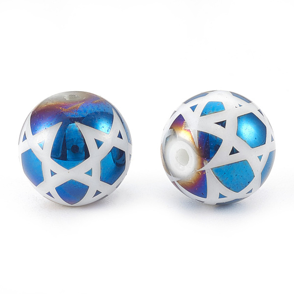 PandaHall Electroplate Glass Beads, for Jewish, Round with Star of David, Blue Plated, 10x9.5~10mm, Hole: 1.2mm, 200pcs/bag Glass Star